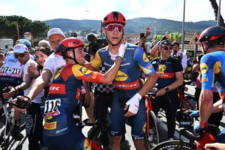 ANDORA ITALY MAY 07 LR Juan Pedro Lopez of Spain and stage winner Jonathan Milan of Italy and Team Lidl Trek react after the 107th Giro dItalia 2024 Stage 4 a 190km stage from Acqui Terme to Andora UCIWT on May 07 2024 in Andora Italy Photo by Fabio Ferrari PoolGetty Images