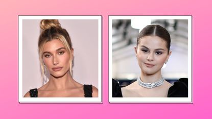 Selena Gomez Hailey Bieber drama: Hailey Bieber pictured in a black dress alongside a picture of Selena Gomez, wearing a black dress and a diamond choker necklace/ in a pink template