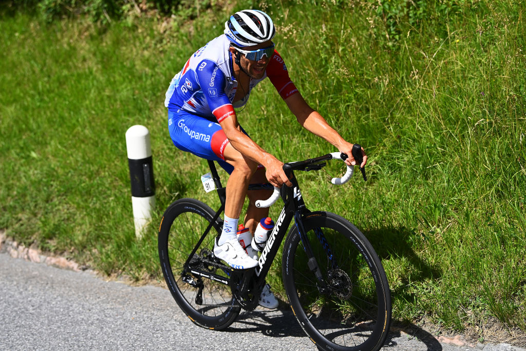 MALBUM SWITZERLAND JUNE 18 Thibaut Pinot of France and Team Groupama FDJ competes in the breakaway during the 85th Tour de Suisse 2022 Stage 7 a 1946km stage from Ambri to Malbun 1560m tourdesuisse2022 WorldTour on June 18 2022 in Malbun Switzerland Photo by Tim de WaeleGetty Images