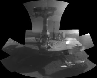 A self-portrait of NASA's Opportunity rover on Mars taken by the Microscopic Imager on the rover's robotic arm to celebrate its 5,000th Martian day in February 2018.