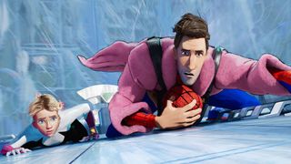 Gwen and Peter B Parker looked concerned as they hang onto a train in Spider-Man: Across the Spider-Verse