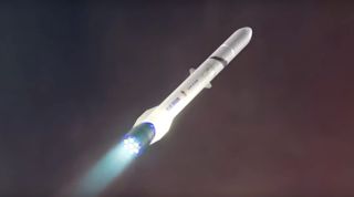 This screen grab from a newly released Blue Origin animation shows the company's in-development New Glenn heavy-lift rocket roaring toward Earth orbit.