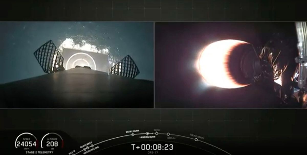 The first stage of a SpaceX Falcon 9 rocket returns to Earth for a landing on a ship at sea (left) while the upper stage continues carrying the robotic Dragon cargo capsule toward the International Space Station on May 4, 2019.