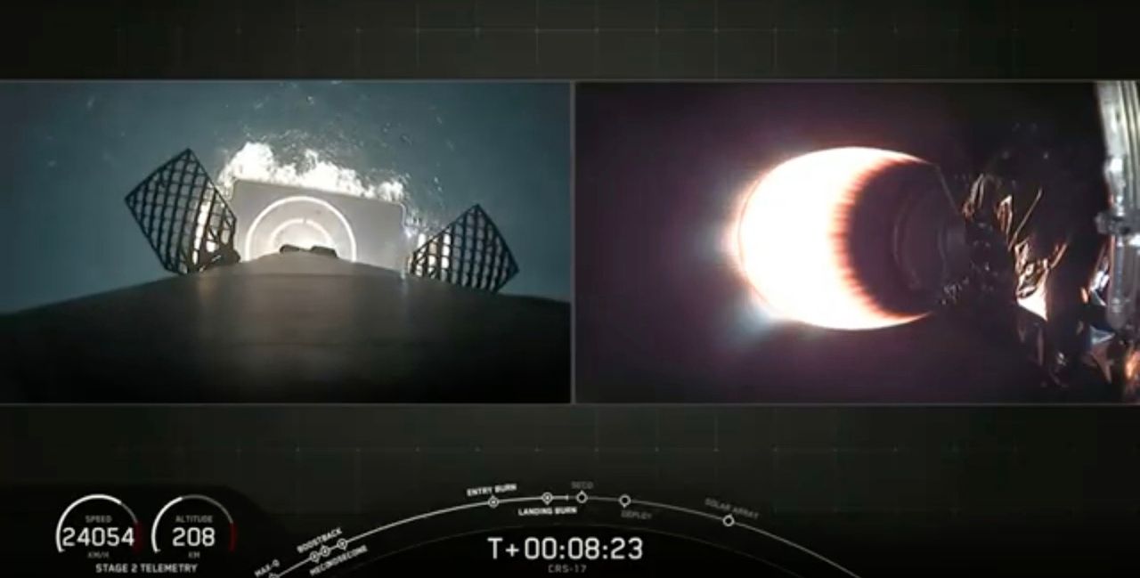 The first stage of a SpaceX Falcon 9 rocket returns to Earth for a landing on a ship at sea (left) while the upper stage continues carrying the robotic Dragon cargo capsule toward the International Space Station on May 4, 2019.