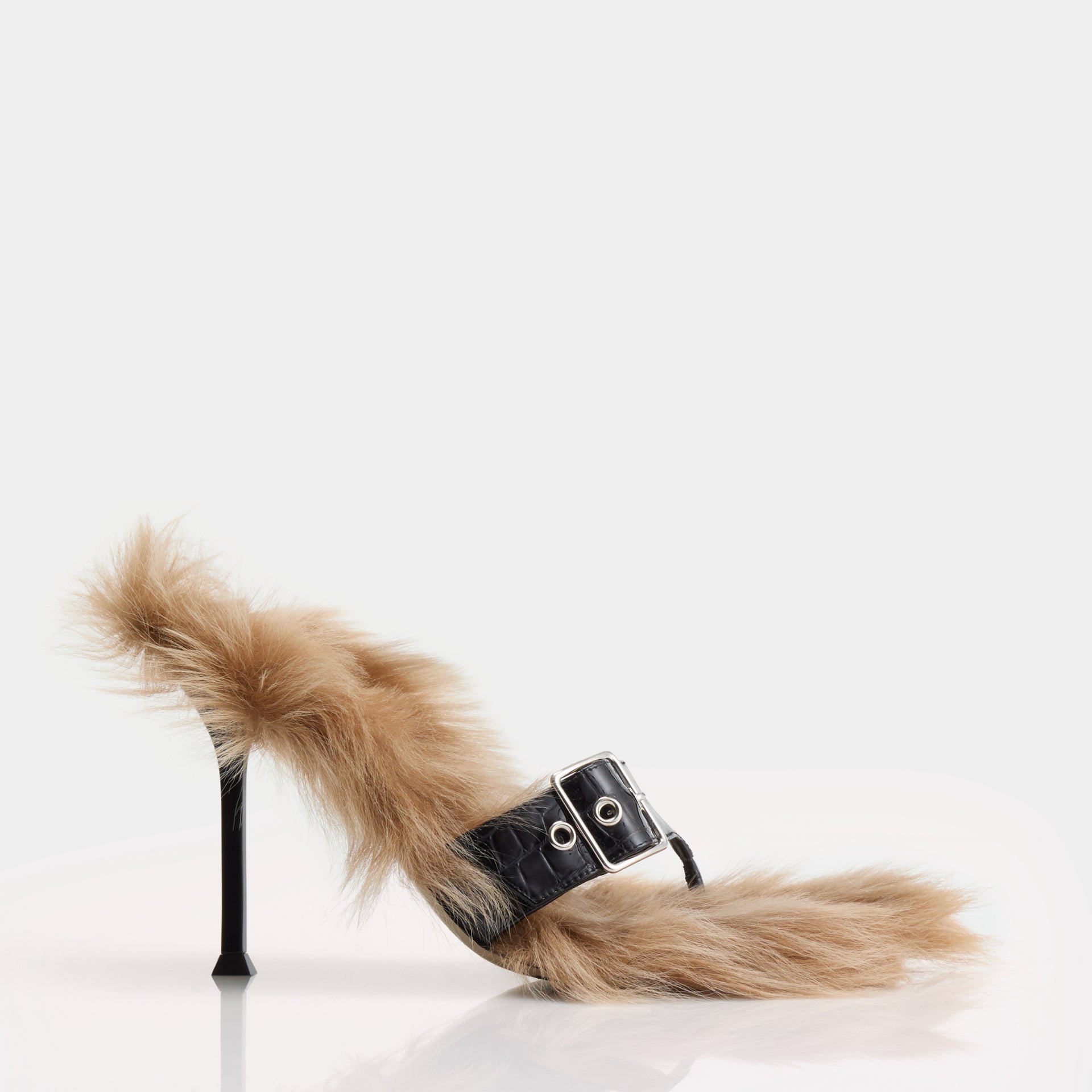 Helix Buckle Shearling Sandal 95 - Black + Dark Beige / 35