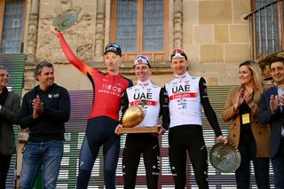BAEZA SPAIN FEBRUARY 13 LR Ben Turner of The United Kingdom and Team INEOS Grenadiers on second place race winner Tadej Pogacar of Slovenia and UAE Team Emirates and Tim Wellens of Belgium and UAE Team Emirates on third place pose on the podium ceremony after the 2nd Clasica Jaen Paraiso Interior 2023 a 1789km one day race from beda to Baeza 752m ClsicaJan23 on February 13 2023 in Baeza Spain Photo by Dario BelingheriGetty Images