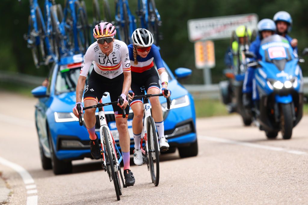 OJO GUARENA SPAIN MAY 21 LR Margarita Victoria Garcia Caellas of Spain and UAE Team Adq and Evita Muzic of France and Team FDJ Nouvelle Aquitaine Futuroscope compete in the breakaway during the 7th Vuelta a Burgos Feminas 2022 Stage 3 a 1134km stage from Medina de Pomar to Monumento Natural de Ojo Guarea 767m VueltaBurgos BurgosFem UCIWWT on May 21 2022 in Ojo Guarea Spain Photo by Gonzalo Arroyo MorenoGetty Images