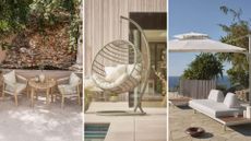 Images of the best outdoor furniture: a bistro set, a hanging chair, and a sofa