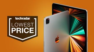 Apple iPad Pro 12.9 (2021) on orange gradient background with 'lowest price' text overlay