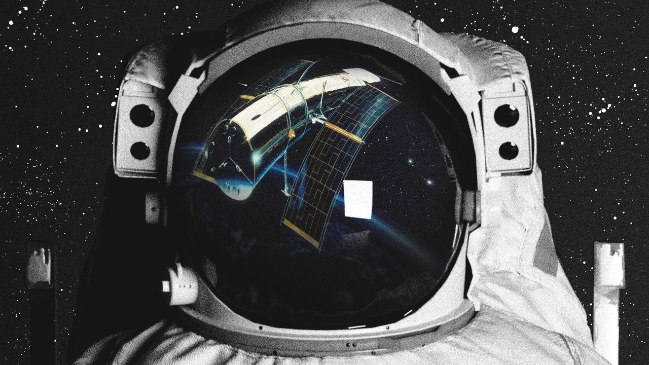 Photo collage of an artist&#039;s impression of the Hubble telescope, reflected in a close-up visor of a space suit