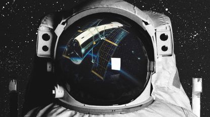 Photo collage of an artist's impression of the Hubble telescope, reflected in a close-up visor of a space suit