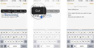 Select the text you want to cut and then tap the cut button one the menu bar above.
