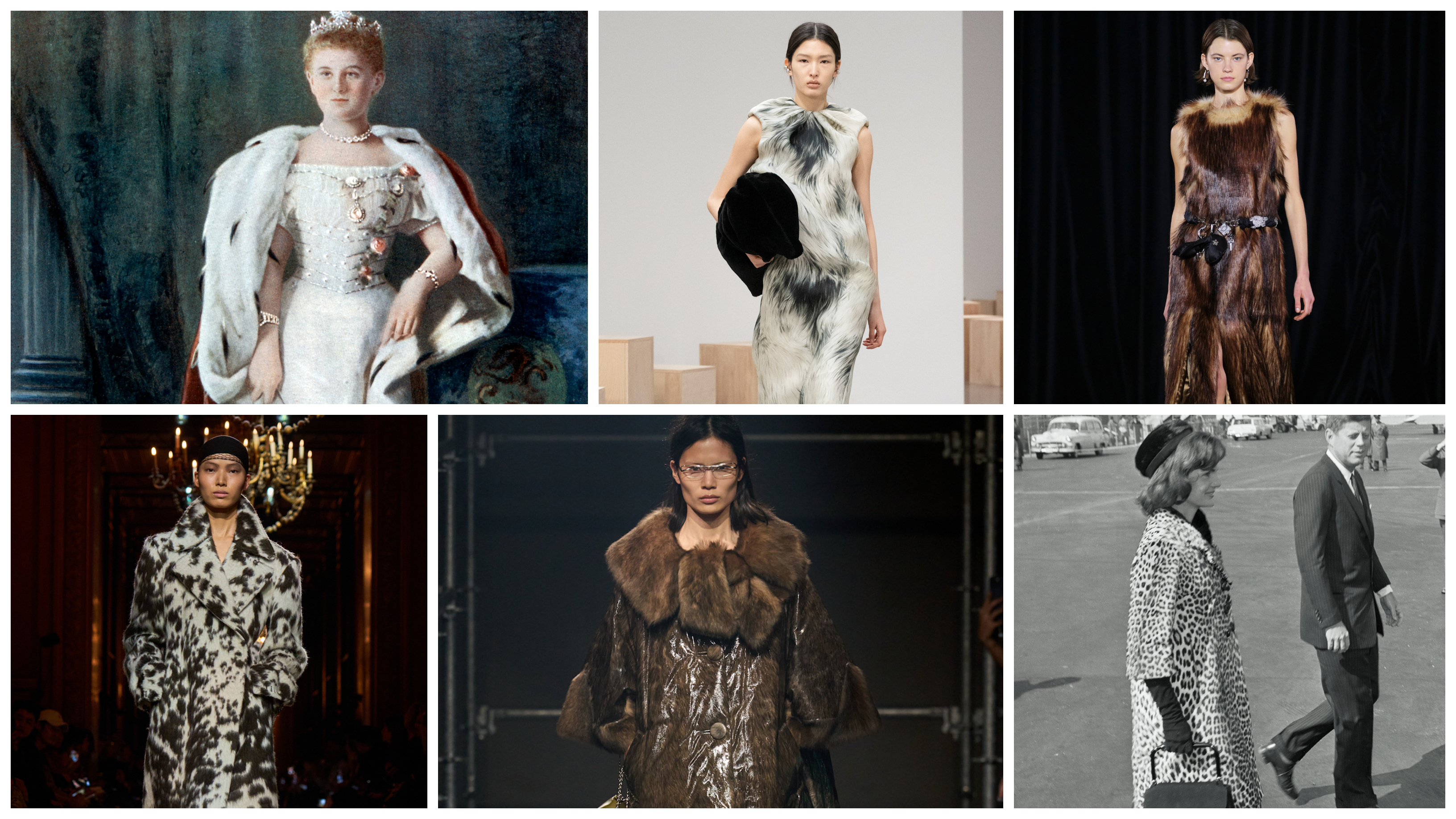 a collage of women wearing furs including Jackie Kennedy and at Fall 2025 shows from Brandon Maxwell, Simone Rocha, Dries Van Noten, Prada