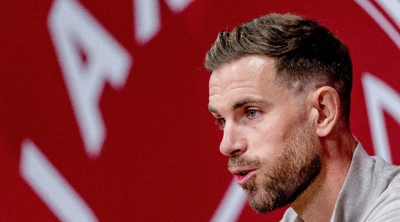 Jordan Henderson speaking to the media as an AAjax player in January 2024.