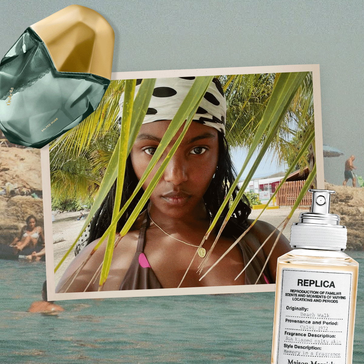 Alternating images of women in tropical beach locations within a postcard, flanked by beachy perfumes set on a beach backdrop.