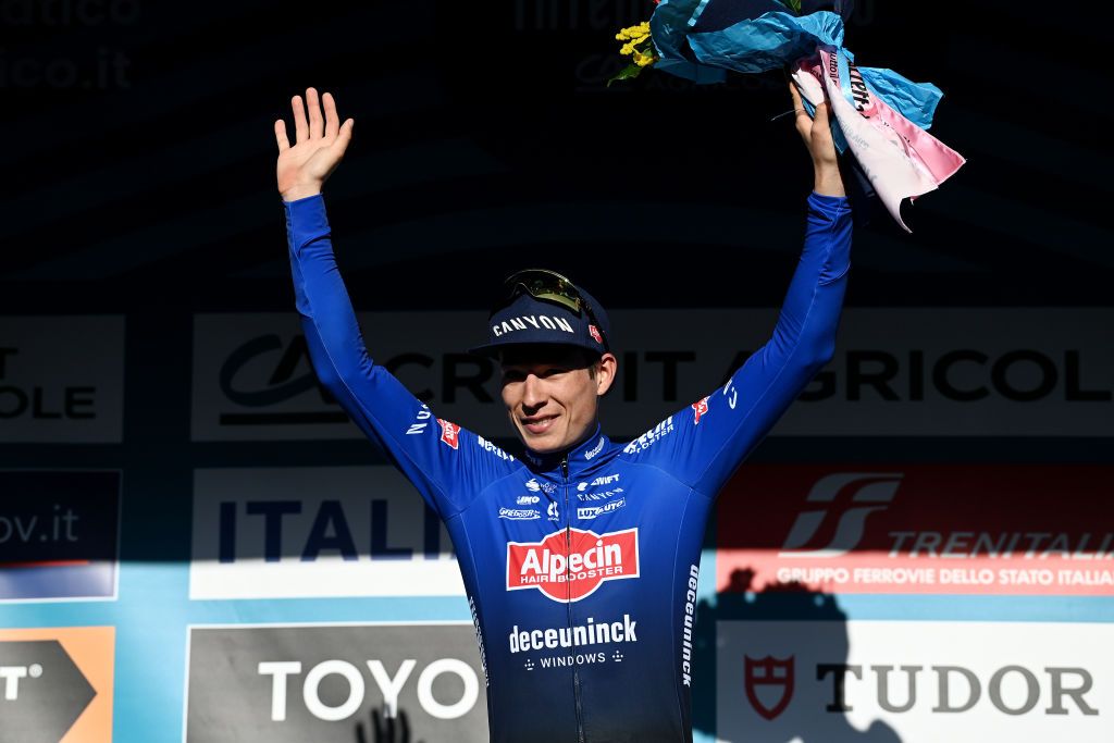 SAN BENEDETTO DEL TRONTO ITALY MARCH 12 Jasper Philipsen of Belgium and Team AlpecinDeceuninck celebrates at podium as stage winner during the 58th TirrenoAdriatico 2023 Stage 7 a 154km stage from San Benedetto del Tronto to San Benedetto del Tronto UCIWT TirrenoAdriatico on March 12 2023 in San Benedetto del Tronto Italy Photo by Tim de WaeleGetty Images