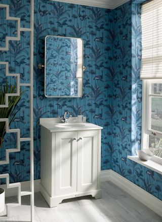 Bayswater Bathrooms bathroom with blue wallpaper and white vanity unit