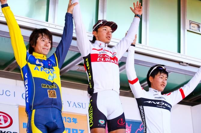 The elite men's podium in Yasu