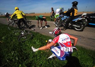 Filippo Pozzato (Katusha) crashed and couldn't get a new bike because his team car had flatted.