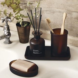 toothbrush tumbler soap dish and wooden tray