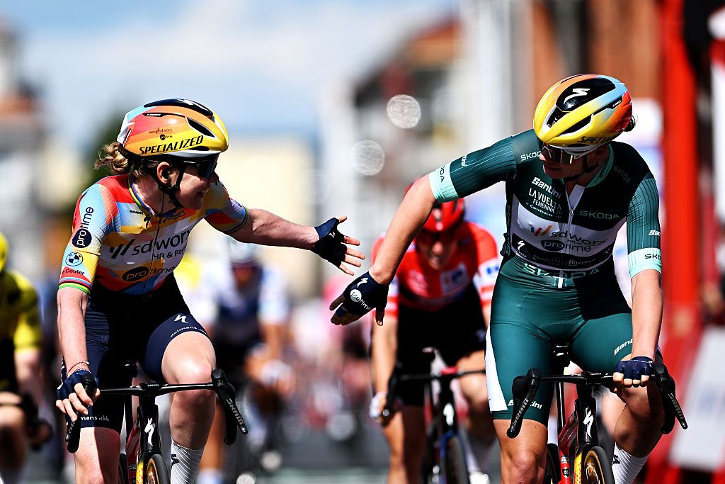 ANTAS DE ULLA, SPAIN - MAY 06: (L-R) Second place winner, Anna van der Breggen of Netherlands and the stage winner, Lotte Kopecky of Belgium and Team SD Worx - Protime - Green Points Jersey reacts after the 12th La Vuelta Femenina 2026, Stage 4 a 115.6km stage from Monforte de Lemos to Antas de Ulla / #UCIWWT / on May 06, 2026 in Antas de Ulla, Spain. (Photo by Szymon Gruchalski/Getty Images)