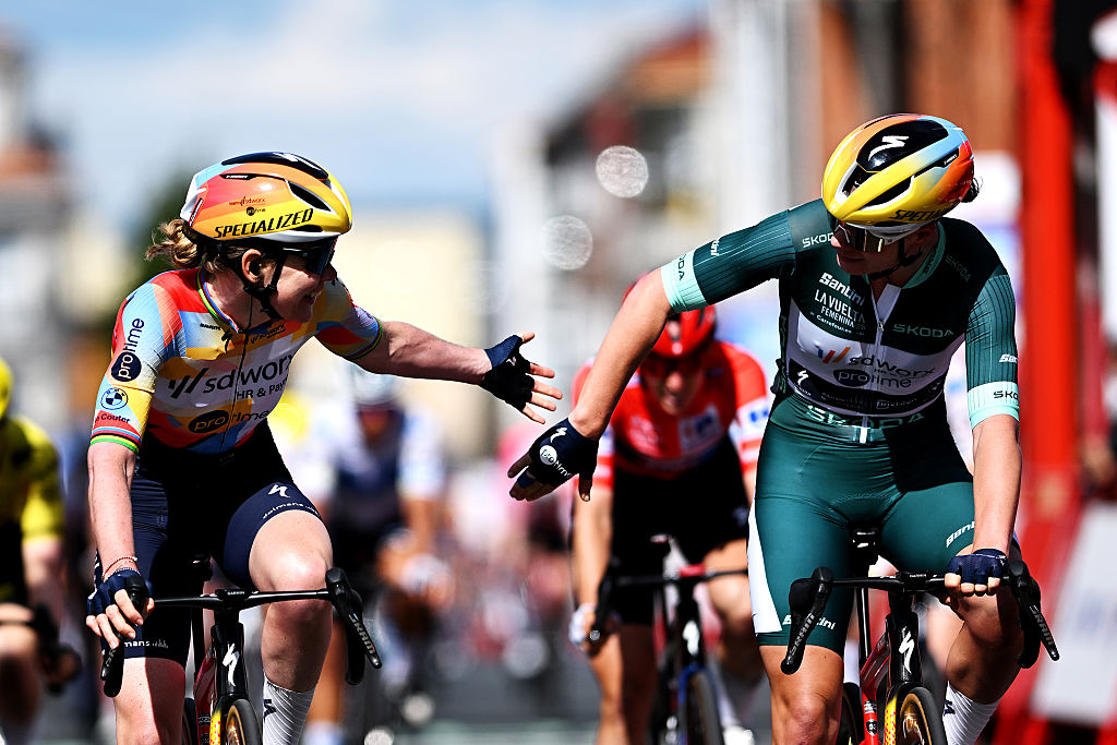 ANTAS DE ULLA, SPAIN - MAY 06: (L-R) Second place winner, Anna van der Breggen of Netherlands and the stage winner, Lotte Kopecky of Belgium and Team SD Worx - Protime - Green Points Jersey reacts after the 12th La Vuelta Femenina 2026, Stage 4 a 115.6km stage from Monforte de Lemos to Antas de Ulla / #UCIWWT / on May 06, 2026 in Antas de Ulla, Spain. (Photo by Szymon Gruchalski/Getty Images)