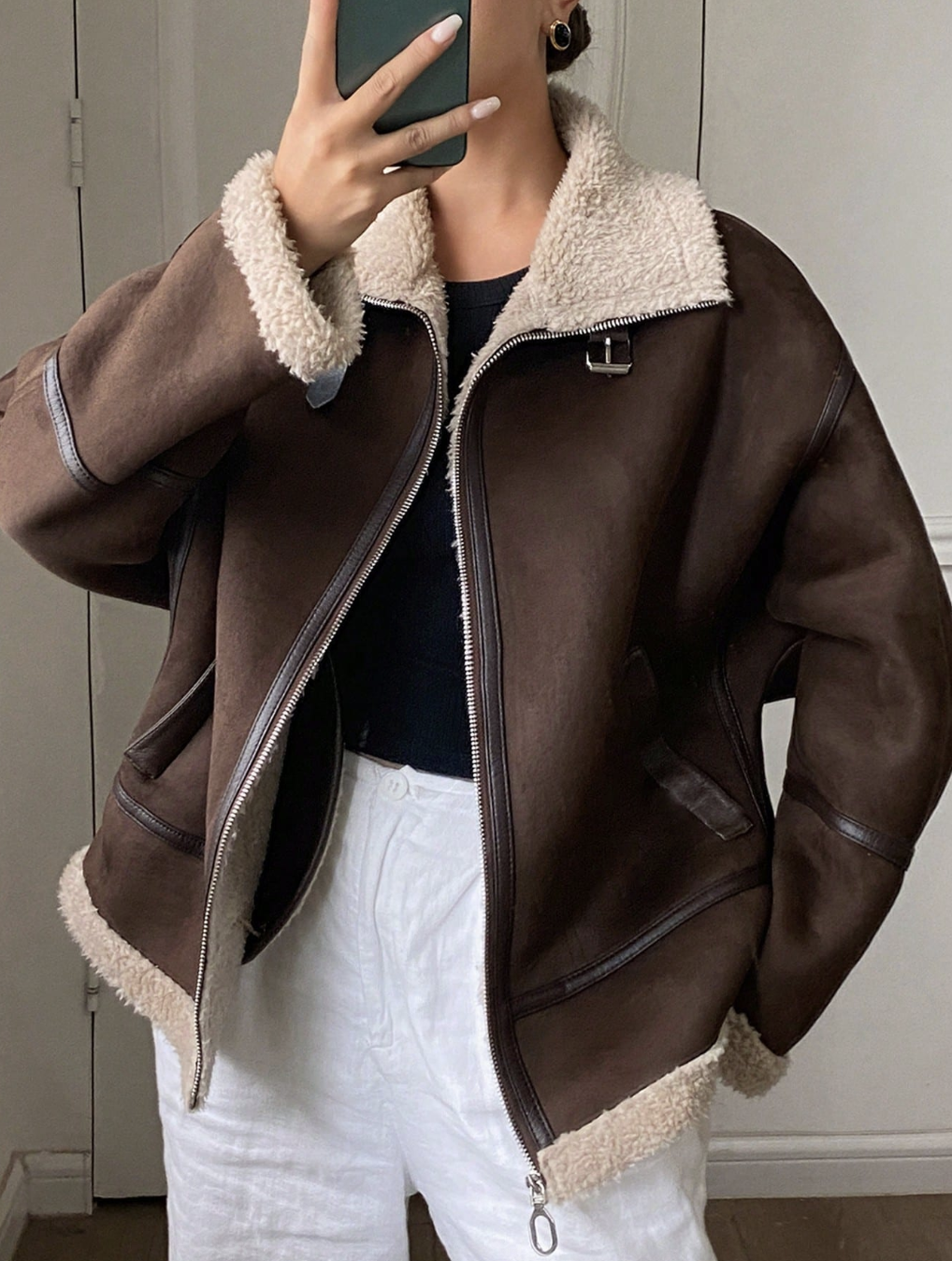 Anewsta, Casual Zipper Fluffy Collar Jacket