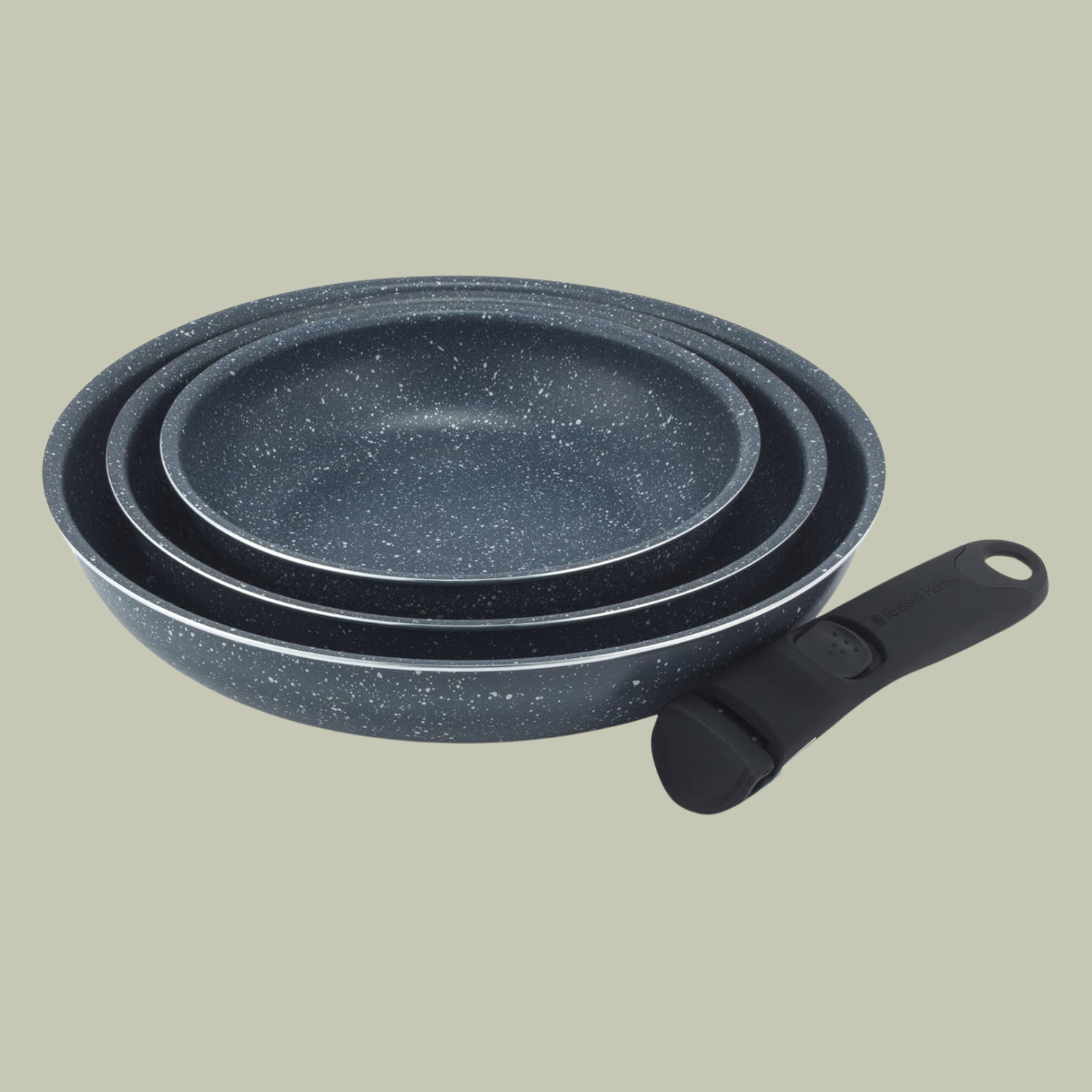 A set of three speckled blue pans with a detachable handle