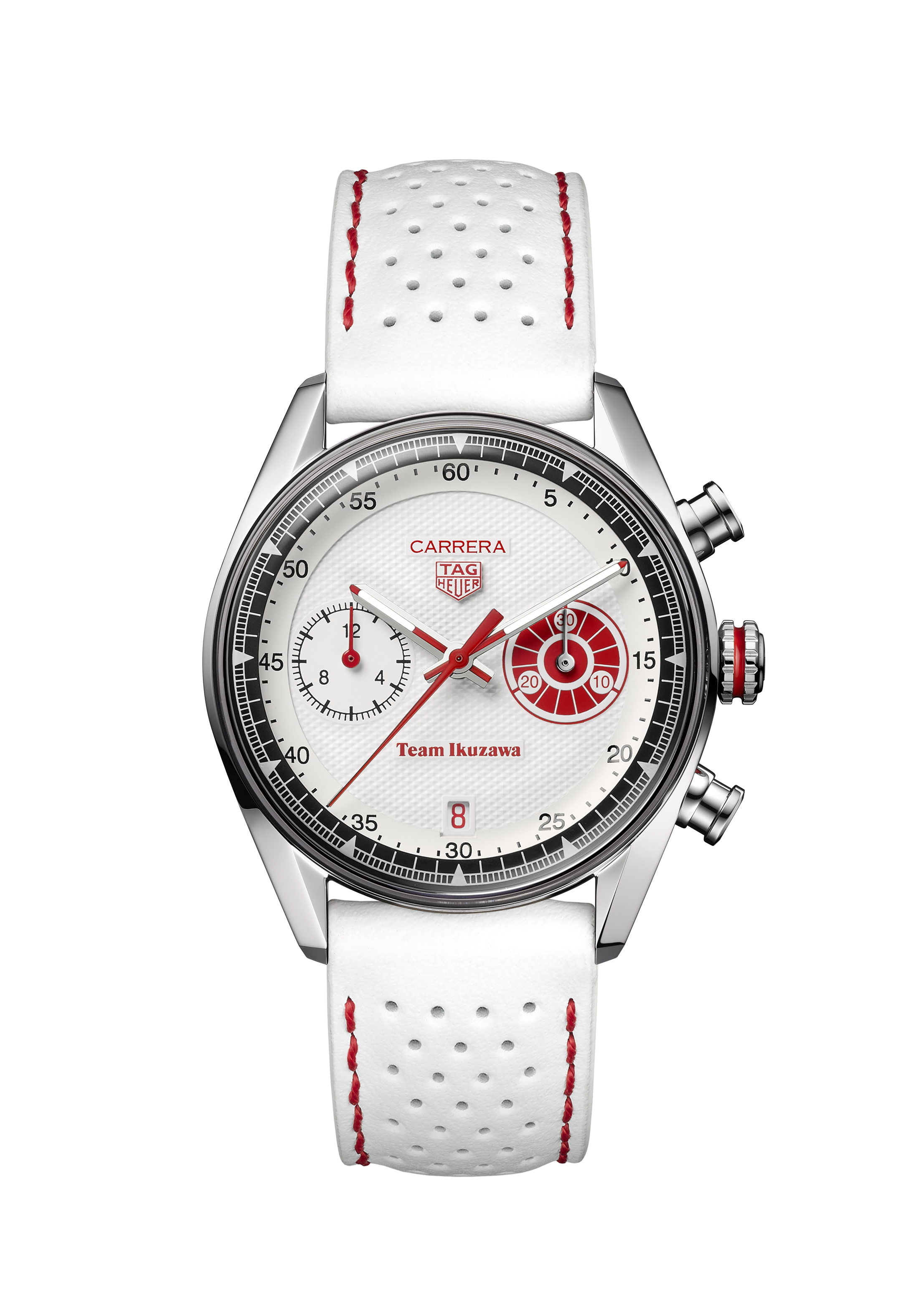 white tag heuer watc with red details