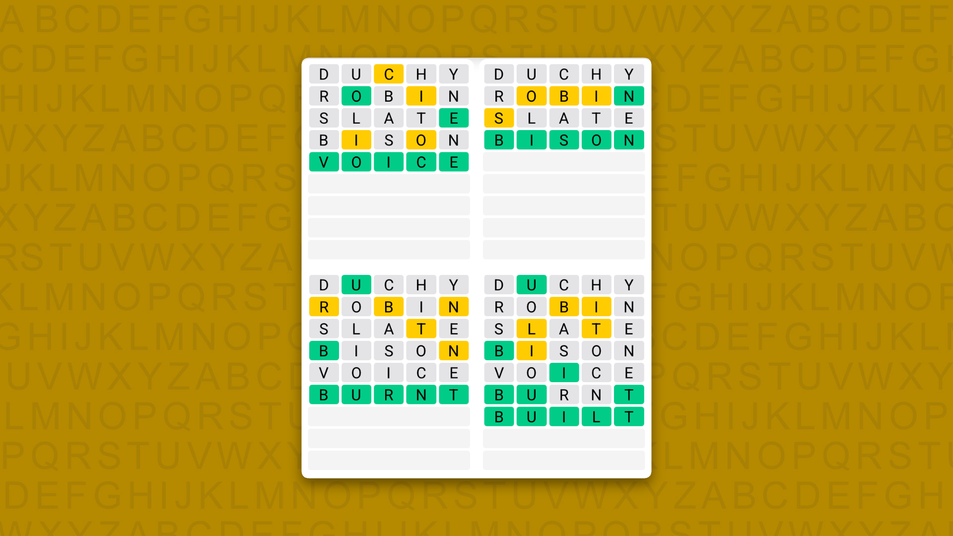 Quordle answers for game 1631 on a yellow background