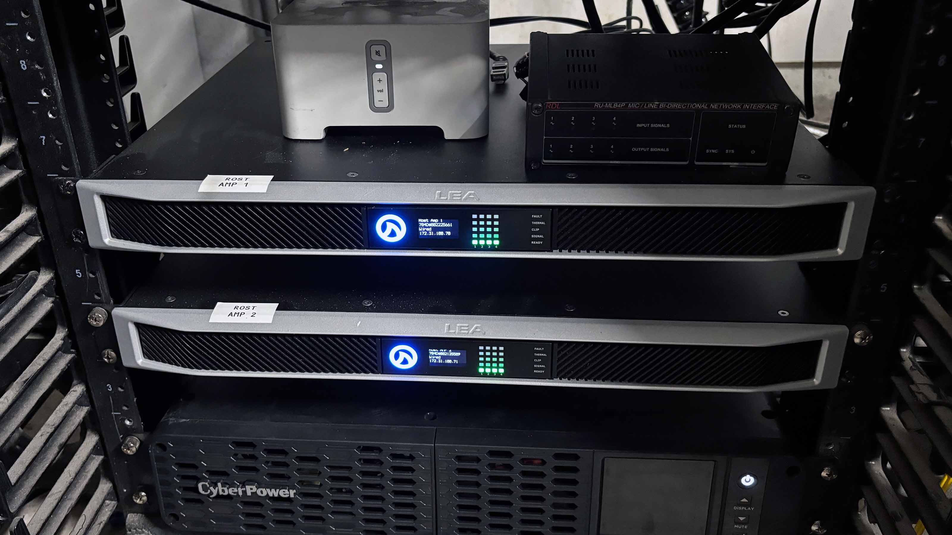 LEA Amplifiers in a Rack at Wellington International