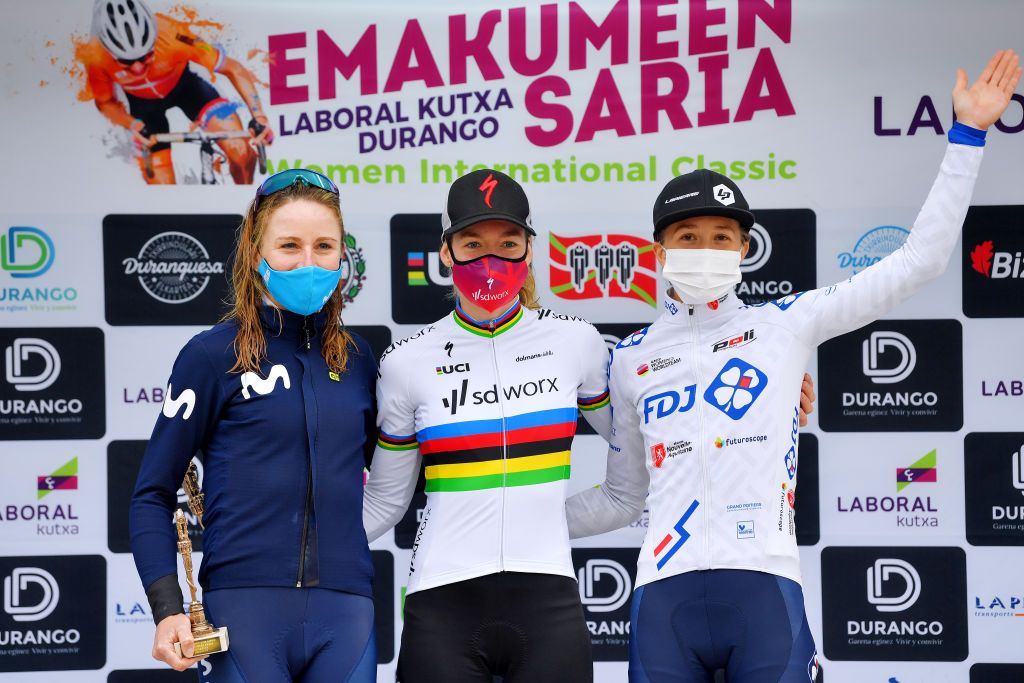 DURANGO SPAIN MAY 18 Annemiek Van Vleuten of Netherlands and Movistar Team 2nd place Anna Van Der Breggen of Netherlands and Team SD Worx stage winner Cecilie Uttrup Ludwig of Denmark and Team FDJ Nouvelle Aquitaine Futuroscope 3rd place celebrate at podium during the 20th DurangoDurango Emakumeen Saria 2021 a 1157km stage from Durango to Durango scduranguesa DurangoDurango2021 on May 18 2021 in Durango Spain Photo by Luc ClaessenGetty Images