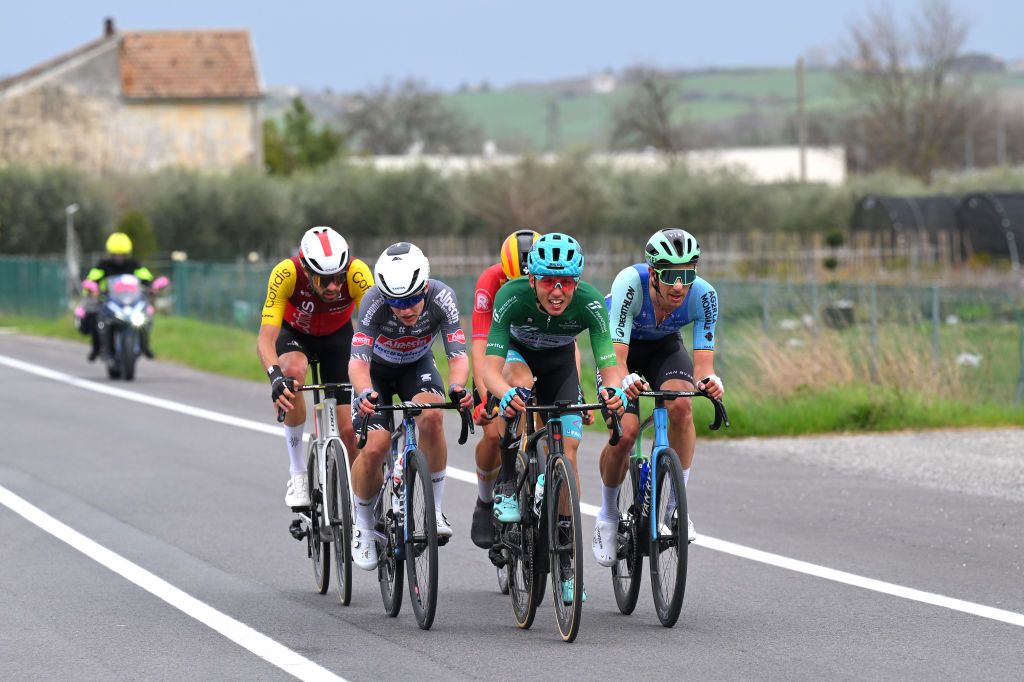 PERGOLA ITALY MARCH 14 LR Paul Ourselin of France and Team Cofidis Gal Glivar of Slovenia and Team Alpecin Deceuninck Manuele Tarozzi of Italy and Team Vf GroupBardiani CsfFaizane Green Mountain Jersey and Dries De Bondt of Belgium and Decathlon Ag2R La Mondiale Team compete in the breakaway during the 60th TirrenoAdriatico 2025 Stage 5 a 205km stage from Ascoli Piceno to Pergola UCIWT on March 14 2025 in Pergola Italy Photo by Tim de WaeleGetty Images