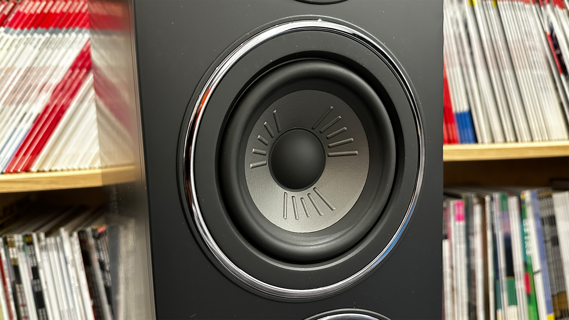 Wharfedale Diamond 12.3i floorstanding speaker in front of bookcase detail of mid unit