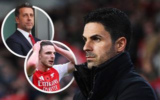 Arsenal manager Mikel Arteta, alongside Declan Rice and Edu Gaspar inset