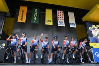 Israel-Premier Tech 2023 Tour de France squad, which included stage 9 winner Michael Woods and 2022 stage 5 winner Simon Clark