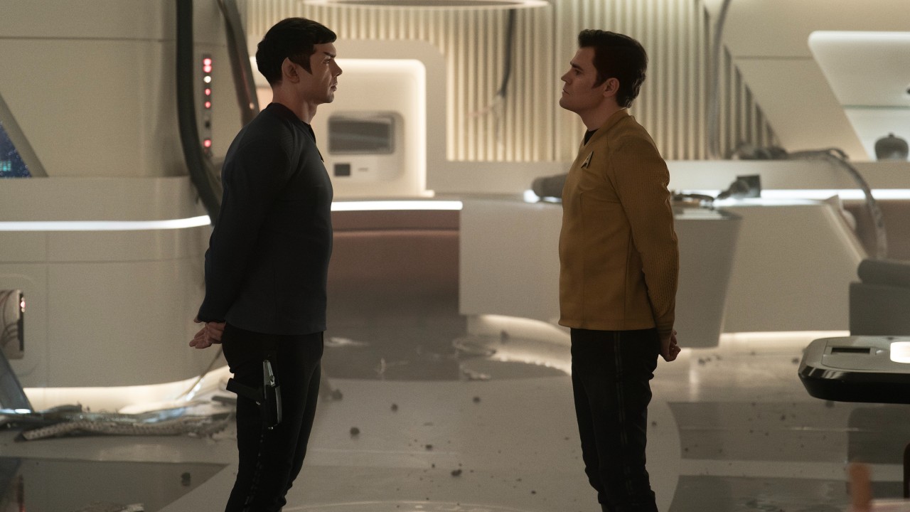 Spock and Kirk talk to each other in the Ready Room.