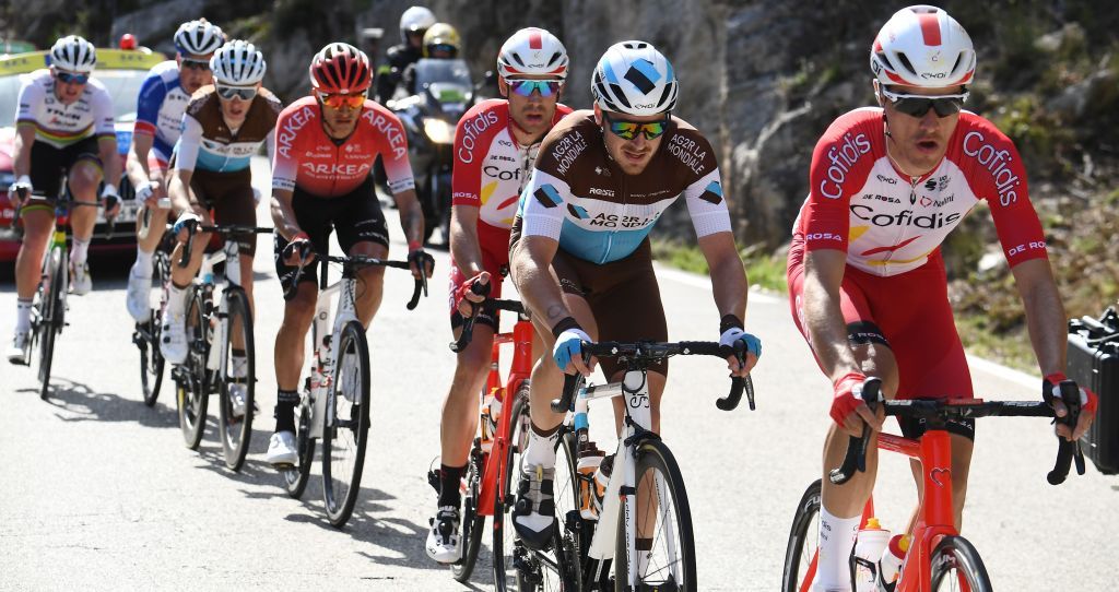 From R L Cofidis France rider Anthony Perez AG2R La Mondiale French rider Alexis Gougeard Cofidis France rider Nicolas Edet Team Arkea Samsic Colombian rider Winner Anacona AG2R La Mondiale French rider Romain Bardet Groupama FDJ Switzerland rider Stefan Kung and TrekSegafredos Denmark rider Mads Pedersen rides during the break away in the 1615 km 6th stage of the 78th Paris Nice cycling race stage between Sorgues and Apt on March 13 2020 The organizers of the 78th ParisNice cycling race announced on March 13 2020 the cancellation of the last stage scheduled for Sunday due to the coronavirus pandemic Photo by Alain JOCARD AFP Photo by ALAIN JOCARDAFP via Getty Images