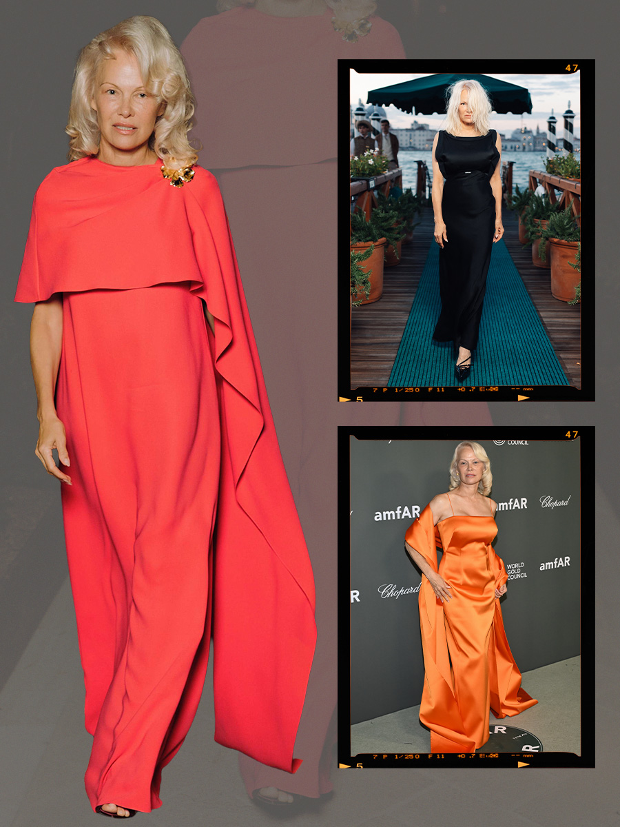 A collage of photos of Pamela Anderson from red carpets and events in September 2026.