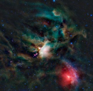WISE, the Wide-field Infrared Survey Explorer, took this picture of one of the closest star forming regions, a part of the Rho Ophiuchi cloud complex. It lies some 400 light-years from Earth. Dust clouds and embedded newborn stars glow at infrared wavelen