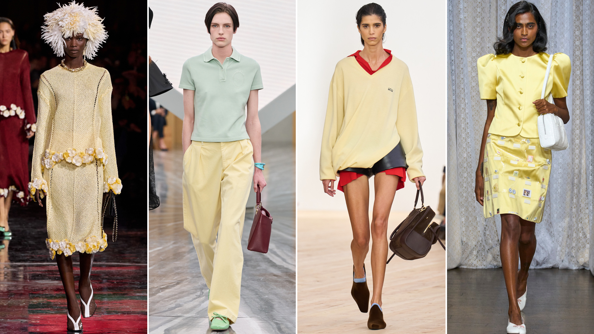 a collage of butter yellow looks on Spring 2026 runways