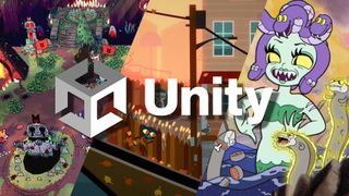 A selection of games made in Unity Engine, overlaid with the Unity logo.