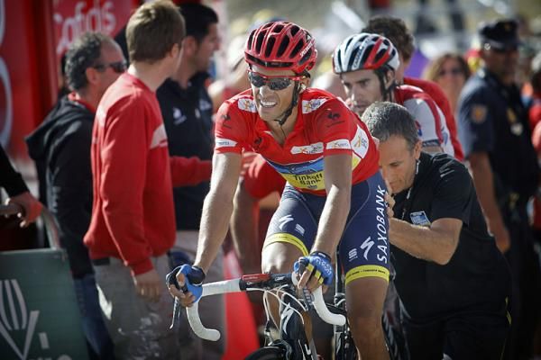 Alberto Contador (Saxo Bank-Tinkoff Bank) cracks as a smile as he's passed the final test of the 2012 Vuelta a Espana.