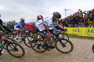 Peter Sagan on the cobbles, over-jersey still on