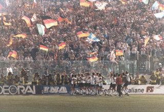 West Germany players celebrate their World Cup final win over Argentina at Rome's Stadio Olimpico in July 1990.