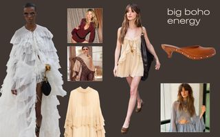 A collage with the words "big boho energy" on it that showcases runway, product, and Instagram examples of the 2024 boho trend.