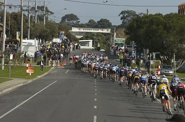 The 159 rider strong peloton snake their way through the streets of Wonthaggi on day one of the tour.