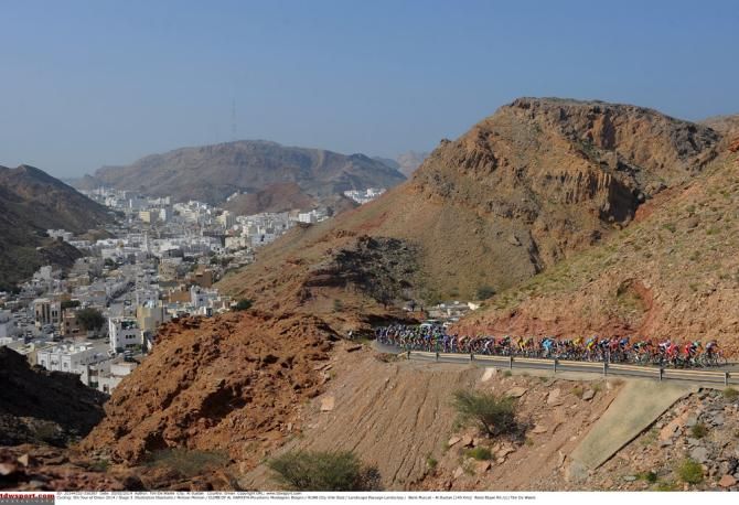 The peloton in action during stage 3 at the Tour of Oman