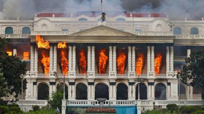 Fire rages through the Singha Durbar, the main administrative building for the Nepal government, in Kathmandu