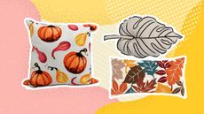 Fall throw pillows graphic with two leaf pillows and one pumpkin print pillow